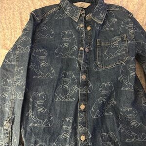 H&M Denim Button-Up Shirt with Dino Print - Blue - Boys - Size 8-10